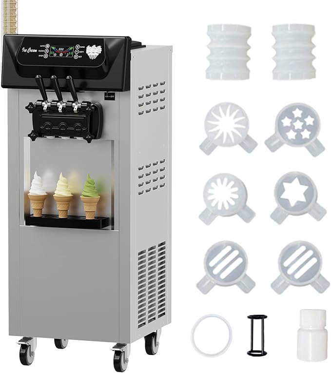 PioneerWorks Commercial Ice Cream Machine, 20-28L/H Yield, 2200W 7L X 2 Capacity, LCD Display, Auto Clean Adjustable Hardness 3 Flavor for Restaurant Snack Bars