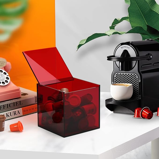 Coffee Capsule Storage Box Coffee Pod Holder Organizers Accessories Anti Dust Durable Clear Acrylic Box for House and Office Use, Red, 5x5 In