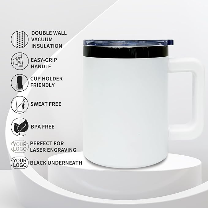 10 oz Tumbler with Handle and Straw Stainless Steel Insulated Coffee Mug for Laser Graving Powder Coated Cup with Black Plated(White,12 pack)
