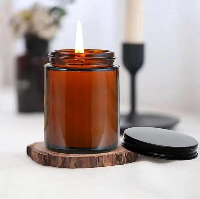 8oz Amber Candle Jars Set of 3,Round Glass Jar with Black Lids,Empty 250ml Glass Candle Making Jar Bulk Thick Small Food Storage Jars for Spice,Candy,Powder