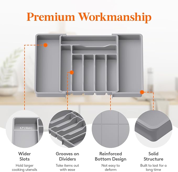 Lifewit Utensil Organizer for Kitchen Drawer, Expandable Cooking Silverware Tray, Adjustable Cutlery Flatware Holder, Plastic Spatula Tools Storage Divider, 13-22.4 x 15", Gray