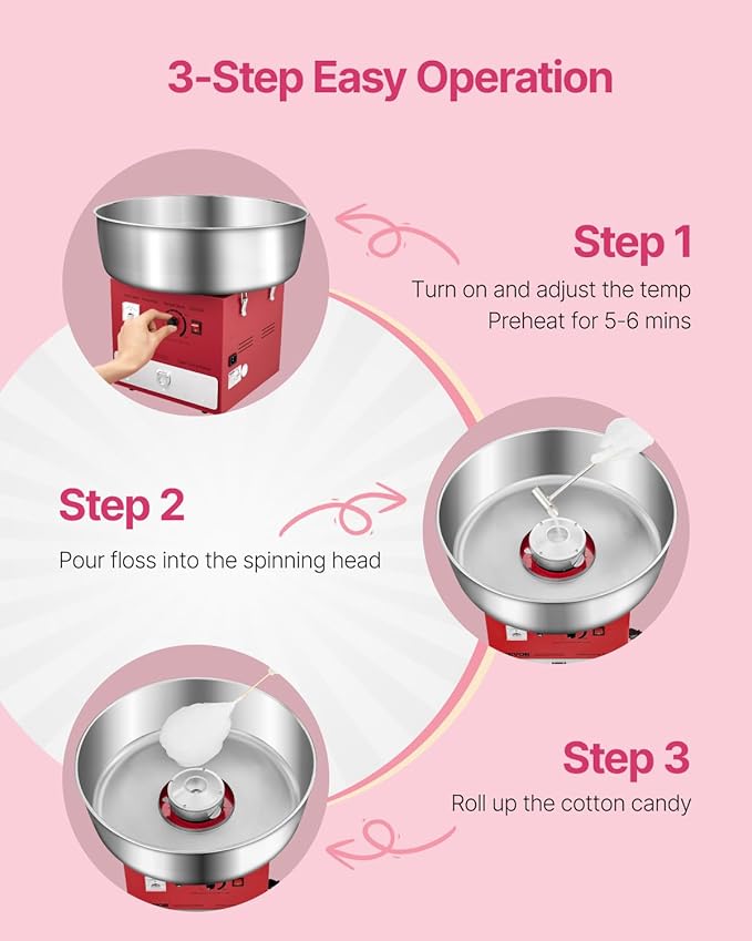 VEVOR Electric Cotton Candy Machine, 1000W Commercial Candy Floss Maker with 20.5 in Stainless Steel Bowl, Sugar Scoop, and Drawer, Easy Home Use, Perfect for Kids Birthday, Family Party, Red