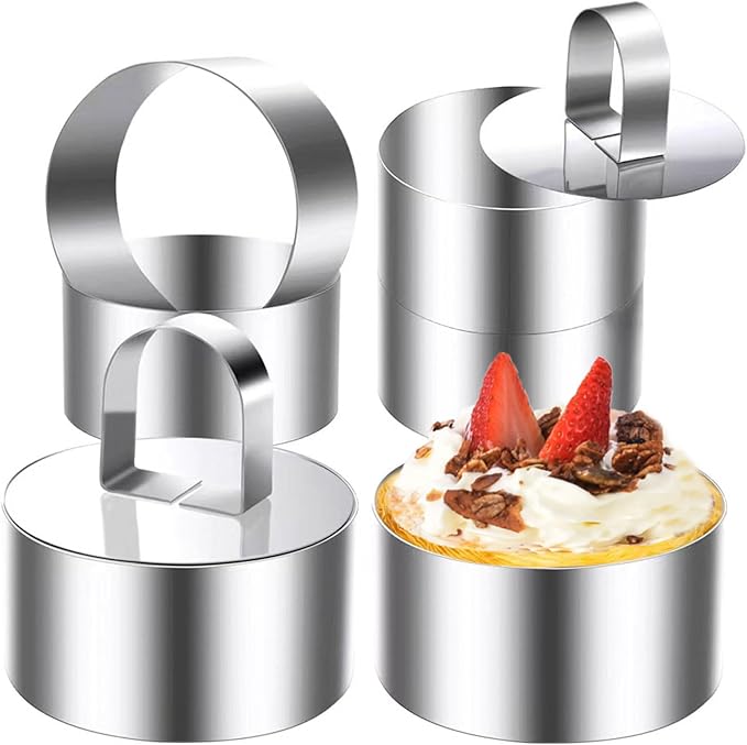 DATANYA Round Cake Ring Molds, 3 Inch Stainless Steel Food Rings Mold with Pushers 3 ‘’ Crumpet Tart Rings for Tuna Tartare, Dessert Cooking (6 Rings & 2 Pushers)
