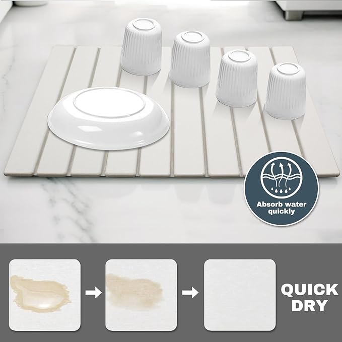 AIFLM Large Stone Dish Drying Mats for Kitchen Counter , Quick Dry Absorbent Collapsible Dish Drying Mat, 24”(L)x16”(W) Diatomaceous Earth Mats for Dishes Bottles Cups,Match Any Countertop