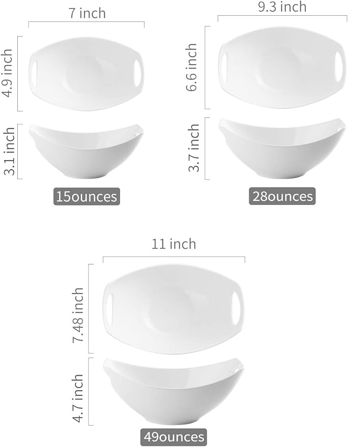 LAUCHUH Serving Bowls with Handles, Porcelain Serving Dishes White Nesting Bowls Mixing Bowl Set Salad Bowls for Entertaining, Mother's Day Party, Baby Shower, Set of 3, 15/28/49 oz
