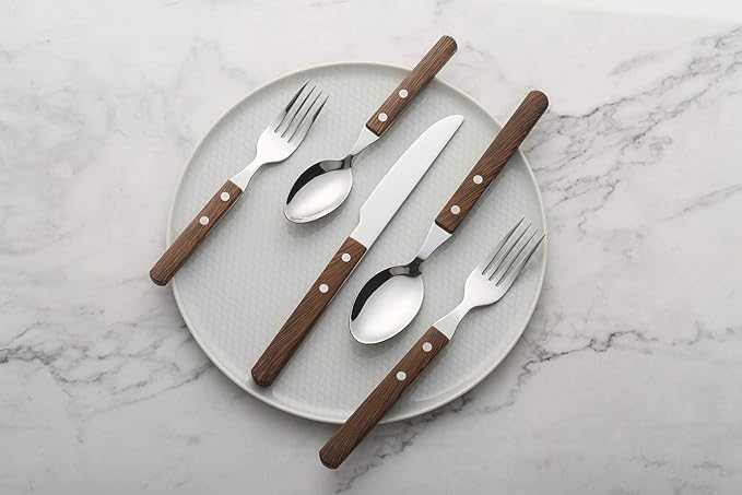 ANNOVA 20 Piece Silverware Set, Service for 4, Stainless Steel Retro/Rivet Walnut Wood Tableware Kitchen Flatware Set Utensils, Includes Dinner Knives, Forks, Spoons, Salad Forks & Dessert Spoons