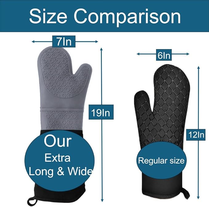 Extra Long High Temp Oven Mitts - 2pcs Commercial, Heavy Duty Non-Slip Grip Mitts - Silicone Heat Resistant Up to 500 Degrees, Ideal for Cooking, Baking & Frying, Grey