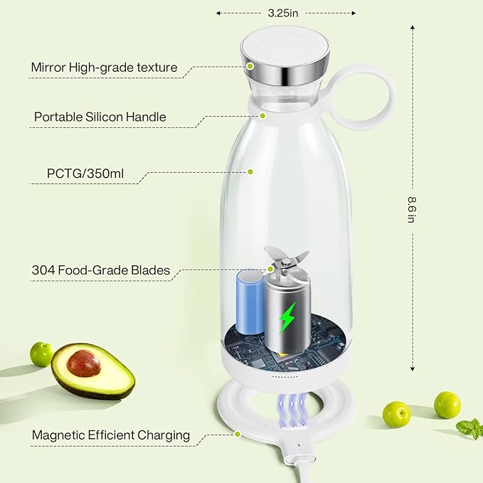 Portable Blender,Fashion Portable Blender for Shakes and Smoothies 11.8 Oz,Magnetic USB Fast Charging Mini Mixer Bottle,Take It for Traveling, Outdoor, Gym, Office, Cars, Gift -WH