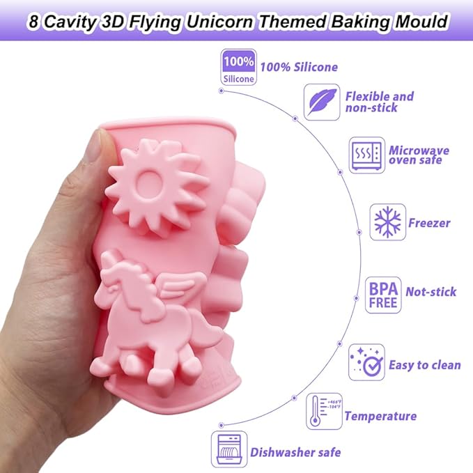 2 Pack Unicorn Molds Silicone 8 Cavity 3D Flying Unicorn Themed Baking Mould Tray with Cartoon Rainbow Meteors Sun for Kids' Party Chocolate Cake Topper Dessert Mousse Pastry Handmade Soap Crayons
