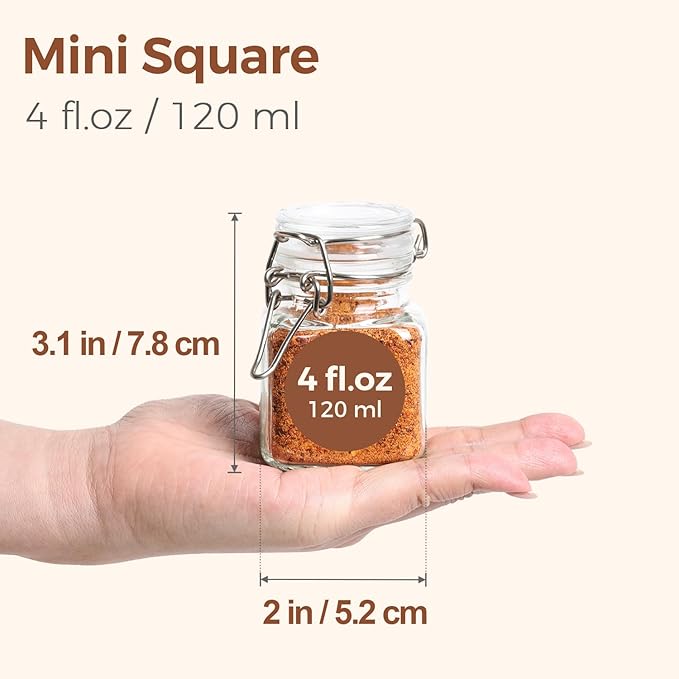 ComSaf Set of 12 Square Glass Spice Jars with Airtight Lids (4 Oz), Mini Favor Jars with Wire Clamp for Honey, Herbs & Farmhouse Kitchen Pantry Organization, with Funnel & Labels