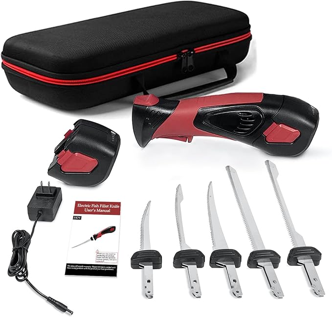 Cordless Electric Fillet Knife - 5 Ti-Nitride Coated Non-Stick Blades, Ergonomic Non-Slip Grip Handle & Cooling Vent Stylish with Carry Bag,Perfect Electric Knife for Effortless Fishing (Red)
