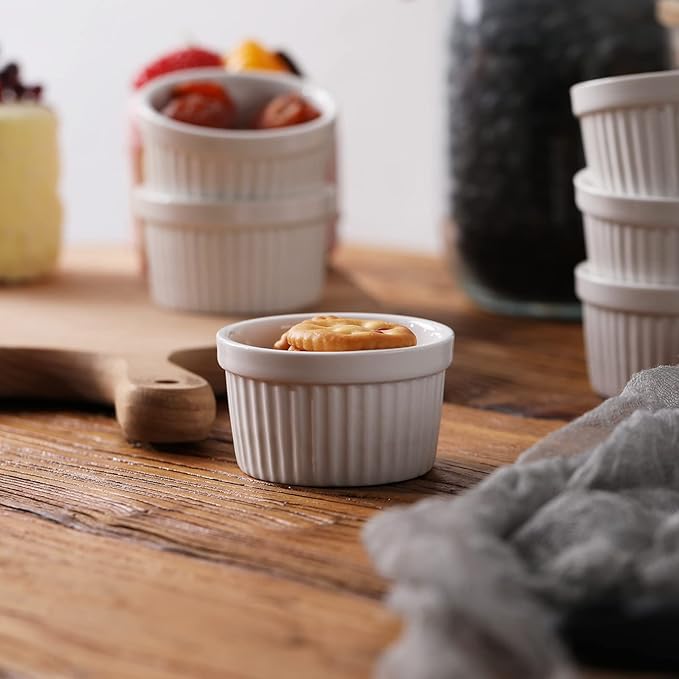 2.5 oz Ramekins 6 pcs Porcelain Ramekins Dishes for Souffle,Creme Brulee, Pudding, Custard Cups,Bakeware Bowls Set for Baking,Oven Safe, White 2.5 inch