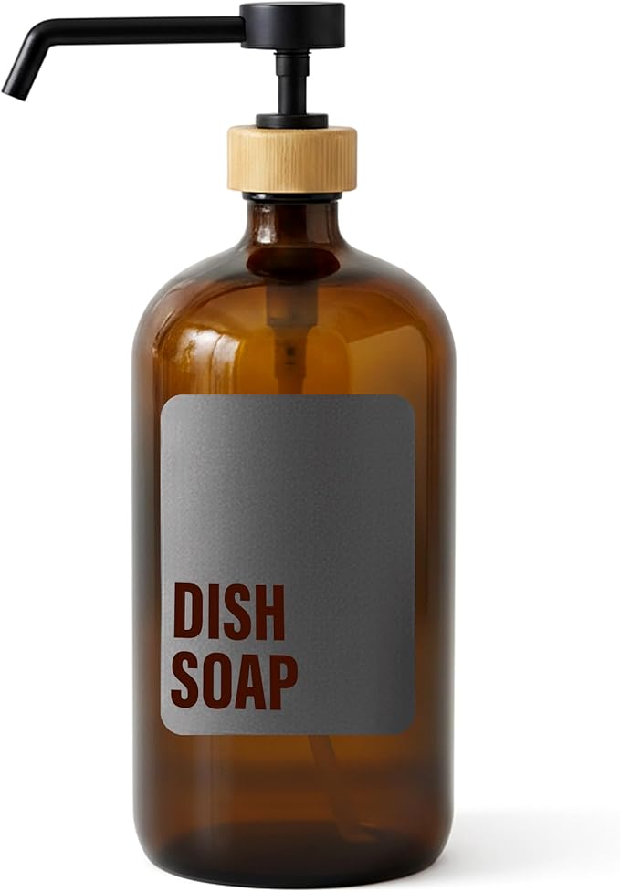 SAVVY & SORTED Amber Glass Dish Soap Dispenser for Kitchen Sink 1 Liter, Large Kitchen Soap Dispenser Set with Permanent Label, Refillable Glass Bottle for Dish Washing Liquid, 34 Fl Oz
