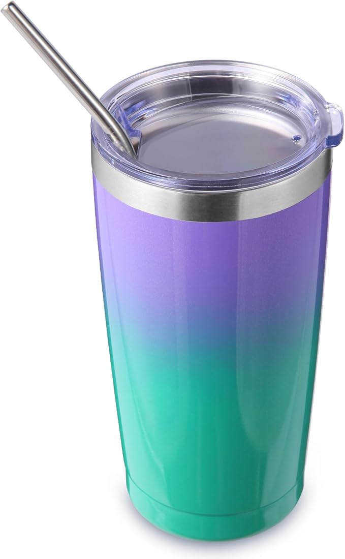 Volhoply 20oz Stainless Steel Tumbler with Lid and Straw,Double Wall Insulated Travel Ice Coffee Mug Fits Cup Holder,Powder Coated Cups for Hot and Cold Drinks,Gifts for Women Men（Purple Green,1 Set）