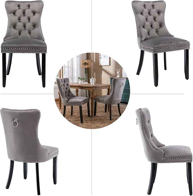 Grey Velvet Dining Chairs Set of 4, Upholstered Dining Room Chairs with Back Ring Pull Trim and Solid Wood Legs,Tufted Wingback Kitchen Chairs for Dining Room,Living Room,Kitchen(Grey)