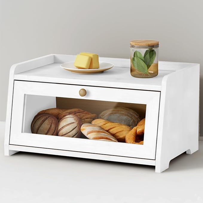 Goozii White Bread Box for Kitchen Countertop, Modern Counter Breadbox for Homemade Bread, Large Corner Bread Storage Container for Sourdough Loaf Organizers and Storage (White Bamboo Wood)