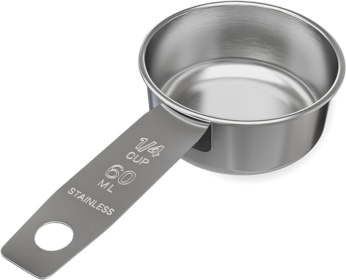 1/4 Cup Stainless Steel Measuring Cup | Sturdy Metal 60 ml | 60 cc | 2 oz | Single Cup for Wet and Dry Ingredients | Great for use as 1/4 Cup Dog Food Scoop - 1 PK