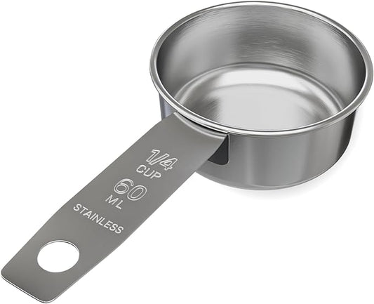 1/4 Cup Stainless Steel Measuring Cup | Sturdy Metal 60 ml | 60 cc | 2 oz | Single Cup for Wet and Dry Ingredients | Great for use as 1/4 Cup Dog Food Scoop - 1 PK