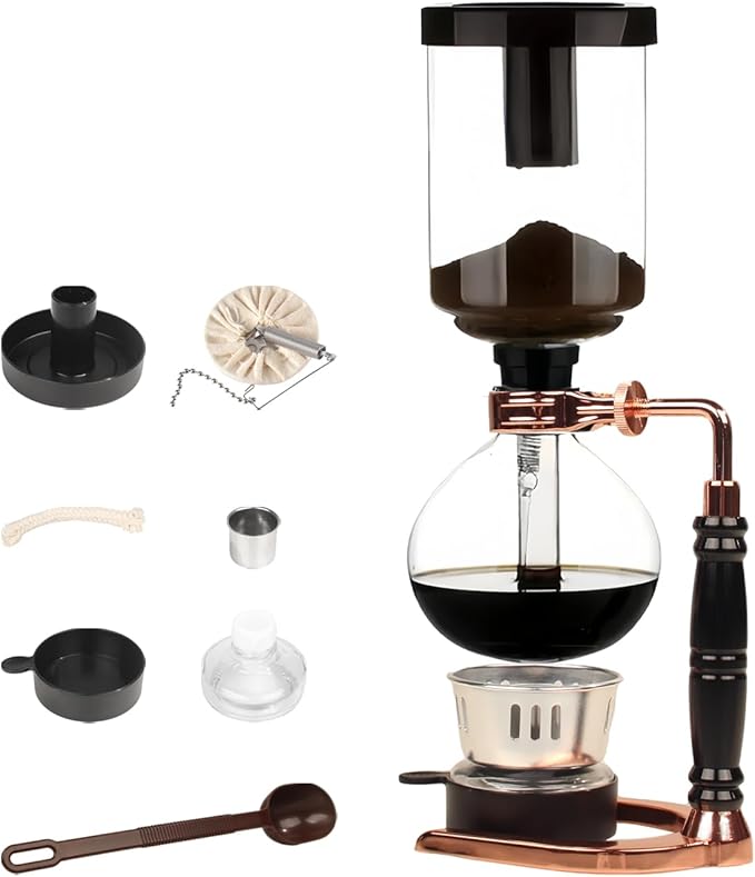 Tabletop Glass Siphon Pot, Vacuum Siphon Coffee Maker 3-Cup (360ml) with Alcohol Burner, Adjustable Buffer Clamp, Stainless Steel Bracket Base for Coffee Aficionados