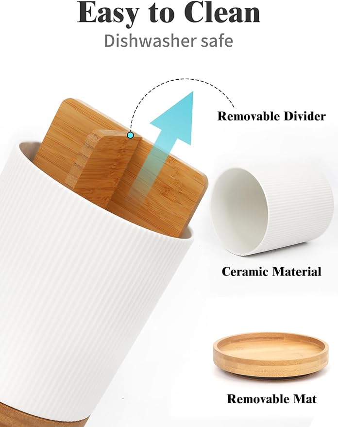LoeJan 7.5" Utensil Holder, 3 Compartment Ceramic Kitchen Utensil Holder with Cork Bottom, Large Utensil Crock for Countertop, Cooking Tool Organizer Set for Kitchen Counter(White,Vertical Stripe)