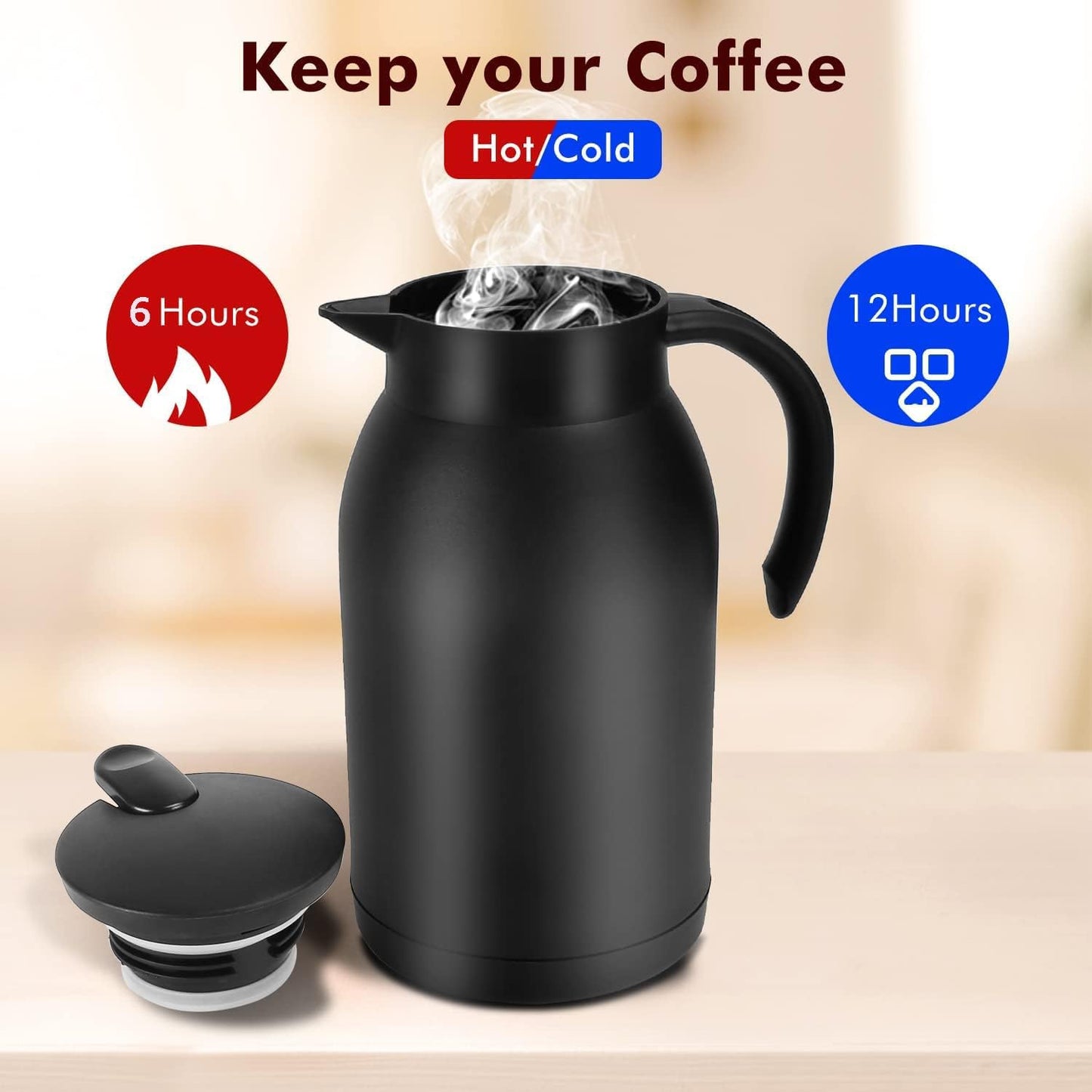 Stainless Steel Thermal Coffee Carafe Dispenser, 40oz Unbreakable Double Wall Vacuum Flask 1.2L Water Tea Pot Beverage Pitcher for Hot Coffee for Christmas Carafe(Black)