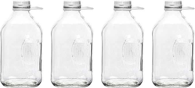 The Dairy Shoppe Glass Milk Bottle, Heavy Glass with 48 mm Extra Lid, Creamery Style (64 oz/4 pk, Half Gallon)