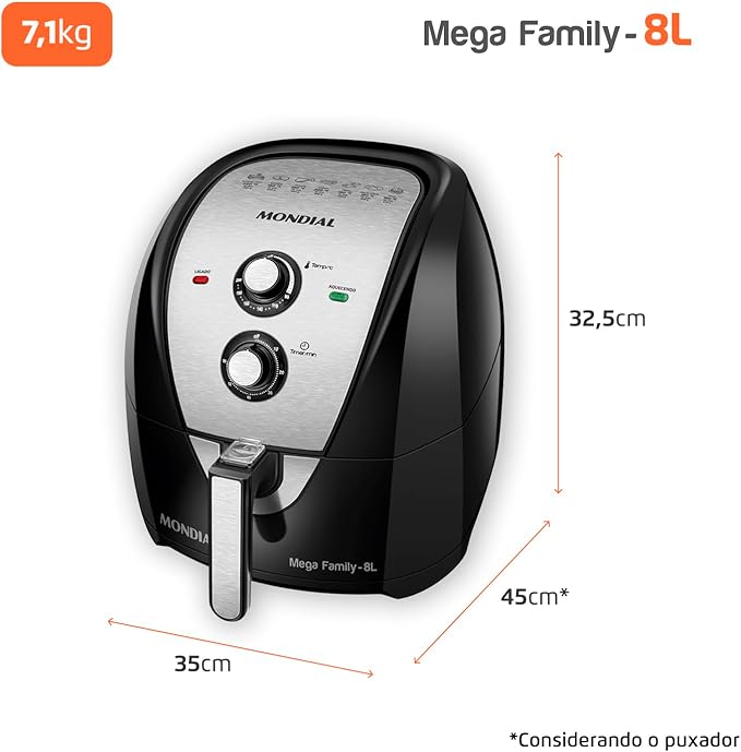 Fritadeira Sem Óleo Air Fryer 8L, Mondial, Preto/Inox, 1900W, 220V - AFN-80-BI