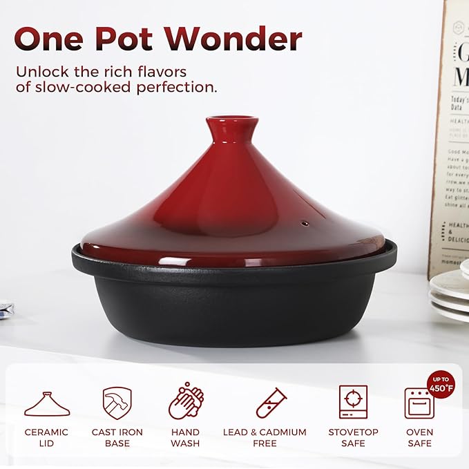 Moroccan Tagine for Cooking: Enameled Cast Iron Cooking Pot, Slow Cooker, Classic Kitchen Cookware, Tajine with Ceramic Cone-Shaped Closed Lid, 3.3 QT, Red