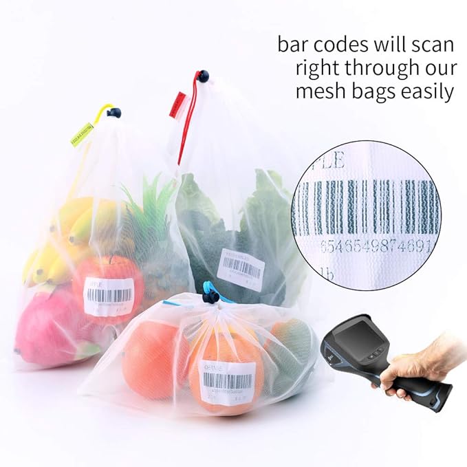 24 pack Reusable Produce Bags,Reusable produce bags for grocery,mesh bags See-Through and Washable Grogery Bags with 3 Sizes useful for storage fruits,vegetables,toys