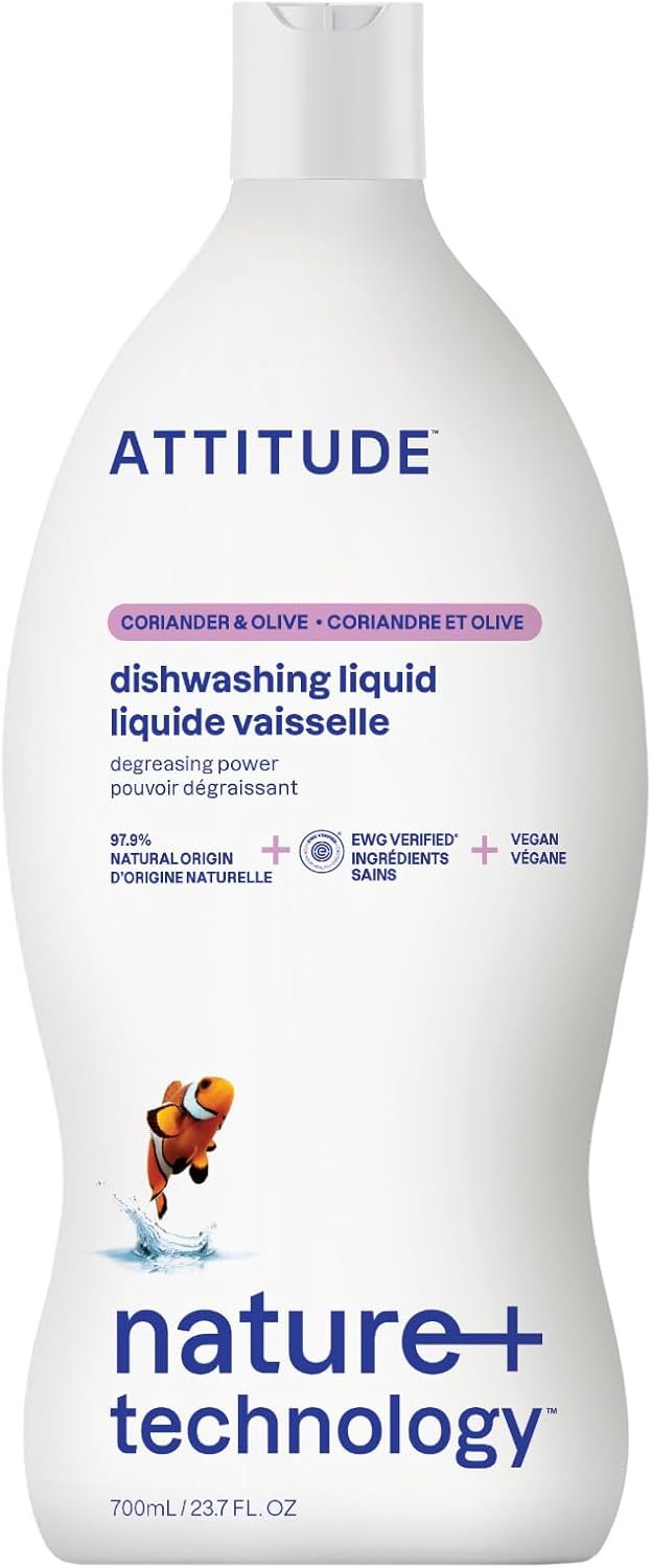 ATTITUDE Dish Soap, EWG Verified, Plant-Based & Vegan Dishwashing Liquid, Naturally Derived, Olive and Coriander Scent, 23.7 Fl Oz