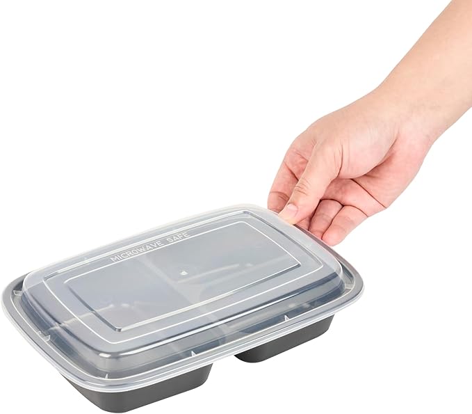 Restaurantware Asporto 26 Ounce Compartment Take Out Boxes 100 Microwavable Meal Prep Containers - 3 Compartments With Clear Plastic Lids Black Plastic Food Containers Do Not Contain BPA