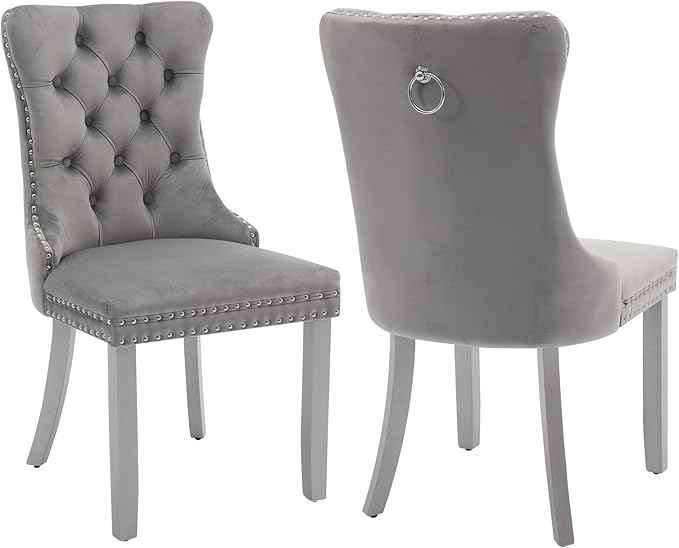 Velvet Dining Chairs Set of 2, Kitchen & Dining Room Chairs, Upholstered Dining Chairs with Back Ring Pull and Silver Solid Wood Legs, Modern Tufted Kitchen Chairs for Dining Room, Light Grey