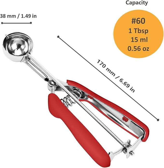 Cookie Scoop, Ice Cream Scoop, 1Tbsp/15 ml/0.5oz Cookie Scoops for Baking, 18/8 Stainless Steel Cookie Scooper for Baking, Cookie Dough Scoop with Non-slip Grip (Red)
