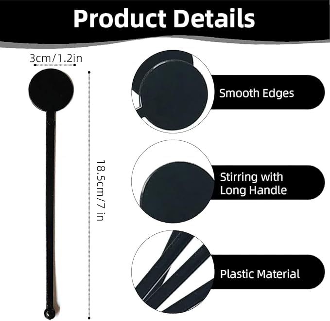 100Pcs Cocktail Swizzle Sticks, 7 Inches Disposible Plastic Disc Top Drink Stirrers Black Drinks Mixing Rod for Coffee Milk Cocktail Whiskey Beverage Bar (Black)