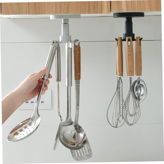 Zerodeko Rotatable Kitchen Utensil Hooks 3pcs Set Black Multi-Functional Wall Hanger Adhesive Under Cabinet Storage Organizer for Kitchen Tools and Measuring Spoons