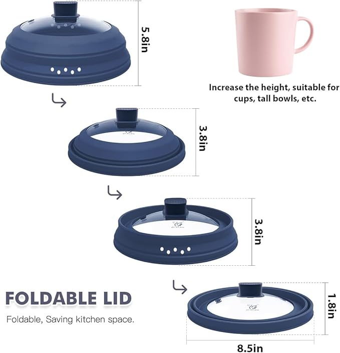 Tall Microwave Splatter Cover Glass Cover Guard Lid 5.8 inch Height with Collapsible Silicone for Food Pot Plate 8.5 inch Dark Blue