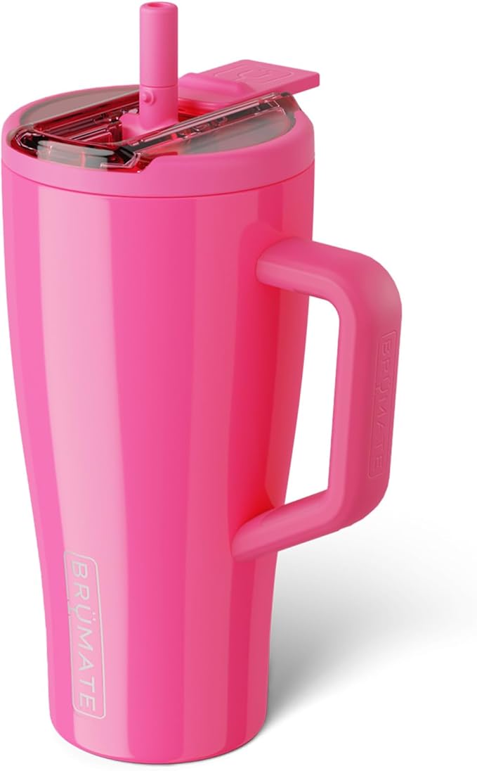 BrüMate Era Flip 30oz Tumbler with 100% Leakproof Covered Straw Lid | Hygienic Covered Straw | Insulated Stainless Steel Water Bottle with Handle | Cup Holder Friendly | BPA-Free (Neon Pink)