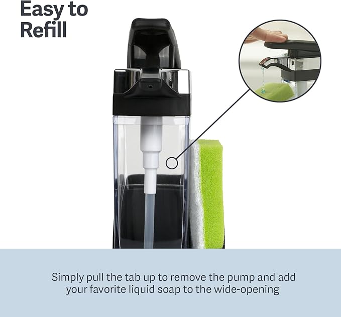Casabella Sink Sider Solo Kitchen Soap Pump and Sponge Caddy, Black/Chrome - 2-in-1 Soap and Sponge Caddy, One-Hand Soap Dispensing, Easy to Refill and Clean, Efficient Size (Pack of 6)