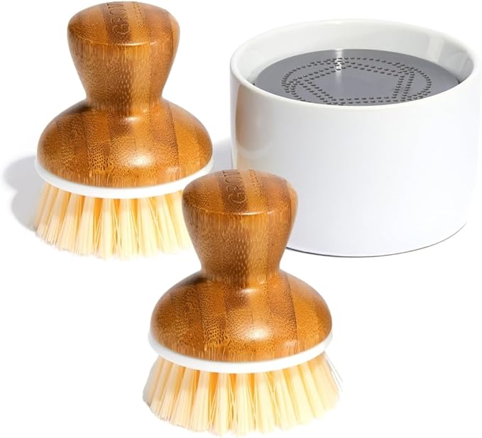 Grove Co. Bubble-Up Dish Soap Dispenser & 2 Pack Brush Set, Ergonomically Designed Dish Scrubber, Removes Tough Messes, Gentle on Dishes, Sustainable Solution to The World's Waste