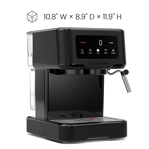 Chefman CraftBrew Espresso Machine, 15-Bar Pump Digital Espresso Maker w/Steam Wand for Latte & Cappuccino, Compact Espresso Coffee Machine w/ 1.5L Removable Water Reservoir - Stainless Black