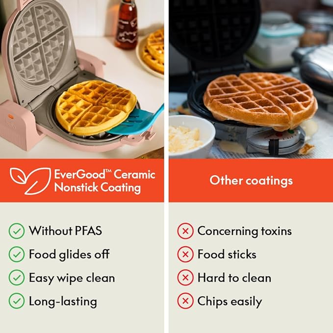 bella Flip-n-Store Waffle Maker with EverGood™ Ceramic Nonstick Coating, Fits-anywhere™ Kitchenware, Power Indicator Light, Cool Touch Handle & Cord Wrap, 7” Wide & 1" Deep Plates, 1000 Watt, Blossom