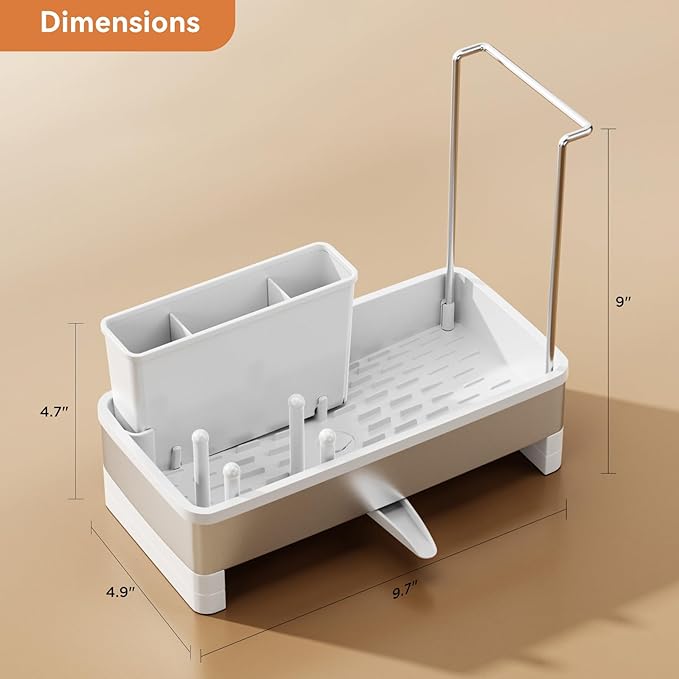 Sponge Holder for Kitchen Sink, Rustproof Stainless Steel Sink Caddy with Auto-Drain, Removable Brush Holders, Soap and Dishcloth Organizer, White