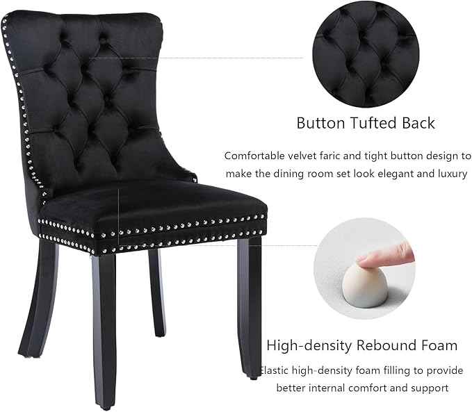 Black Dining Chairs Set of 6, Upholstered Velvet Dining Room Chairs with Back Ring Pull Trim and Solid Wood Legs,Modern Dining Chairs Perfect for Dining Room,Living Room,Kitchen(Black)