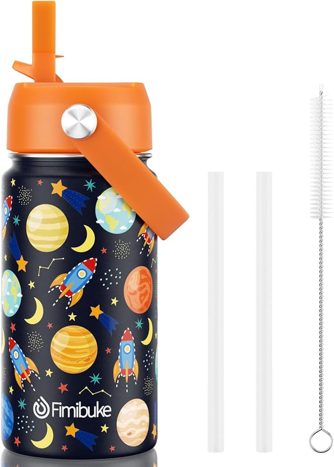 Fimibuke Kids Insulated Water Bottle, 14oz BPA FREE 18/8 Stainless Steel Travel Tumbler Double Wall Vacuum Leak Proof Kids Cup with Straw Metal Water Bottle for School Boys Girls(1 Pack, Space)