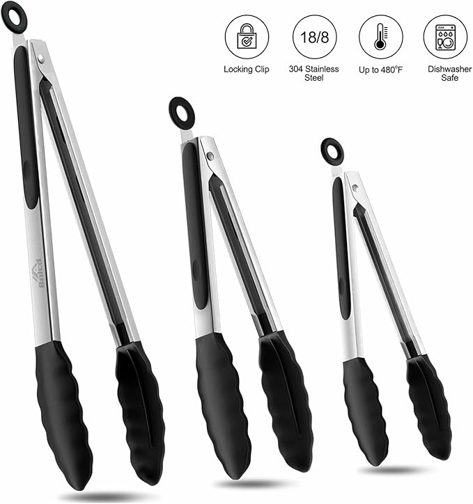 600ºF Heat Resistant Kitchen Tongs, Premium Locking Cooking Tongs with Silicone Tips, Non-Slip Food Tongs for Cooking, Non-Stick, Heavy Duty Stainless Steel Handle, Set of 3-7" 9" and 12" Black