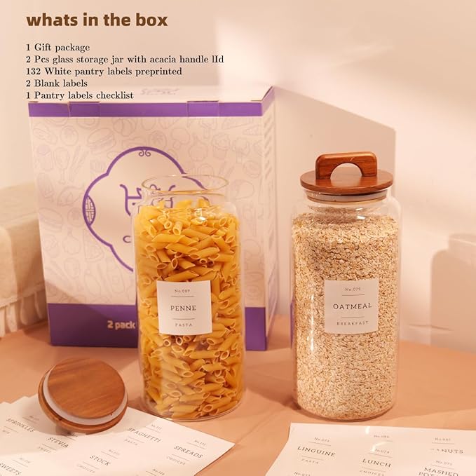 2 Pack Large Glass Flour and Sugar Containers with 132 Pantry Labels - 105 FL OZ Glass Canisters with Bamboo Airtight Lids - Farmhouse Kitchen Glass Pantry Jars for Cookie, Rice, Pasta, Cereal, Salt