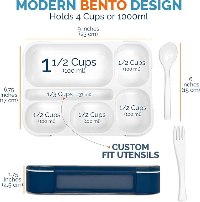 kinsho Lunch Boxes for Boys Teens Adults - Bento Box Set with Insulated Bag and Ice Pack, 6 Compartment Leak Proof Food Container, BPA-Free, Microwave Safe, Ideal for School & Work, Navy Blue