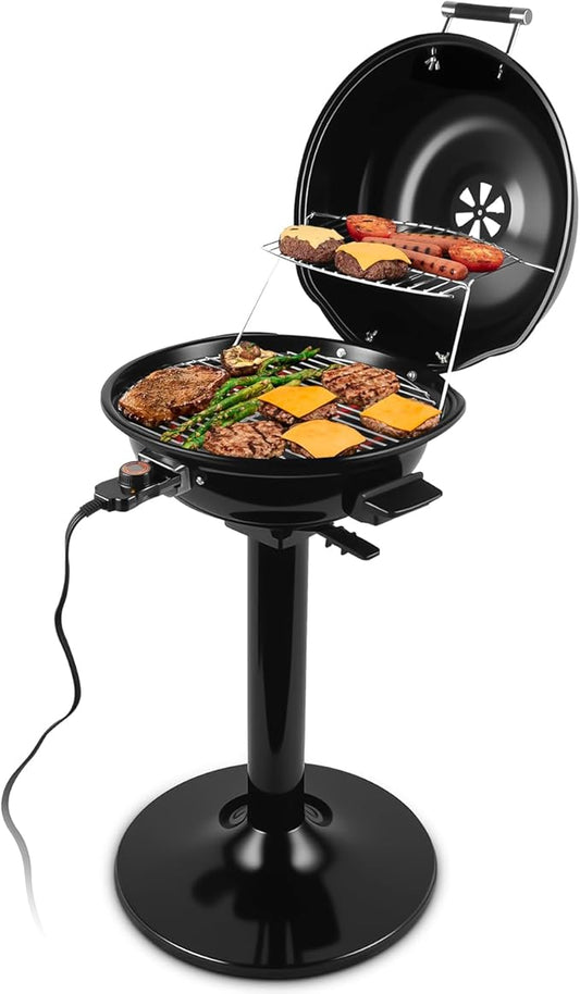 Electric Grill, CUSIMAX Electric Indoor/Outdoor Grill, 1600W Portable BBQ with Lid for Indoor & Outdoor Use, Adjustable Heat, Removable Stand Grill for Cookouts, BBQ Gatherings, Small Spaces