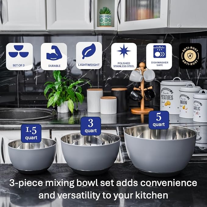 WHYSKO® Stainless Steel Mixing Bowls (Set of 3) with Non-Slip Silicone Base for Kitchen, Dishwasher Safe Bowls for Meal Prep, Cooking, Baking, Serving, Food Storage (Grey)