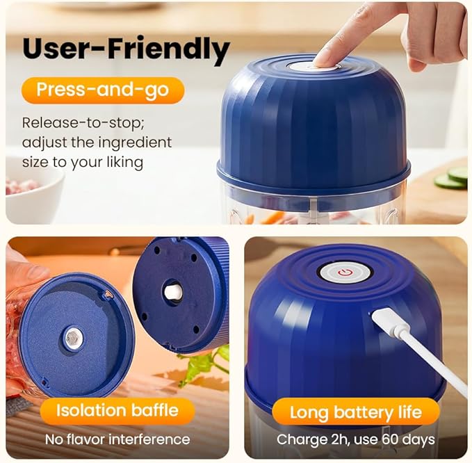 Electric Garlic Chopper, Mini Portable Veggie Chopper Garlic Grinder Onion Choppers, Wireless Electric Food Chopper Tool for Mashing Onion, Garlic, Chili, Ginger (Blue)